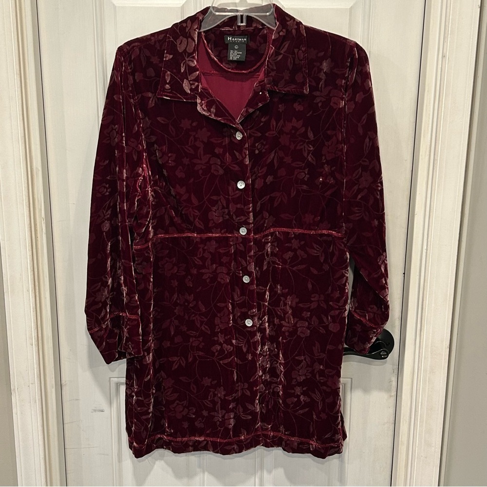 Hartman Studio Women’s Long Sleeve Button Front Velvet Blouse, Sz L, Holiday